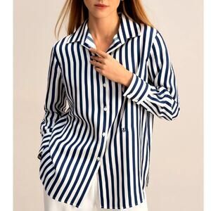 Lilysilk Amalfi Stripe Silk Shirt Blue White Pinstripes Petite Size S